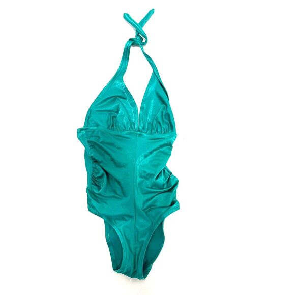 DeWeese Design vintage teal bathing suit - tie halter w/rouched sides - 70s/80s - Picture 1 of 8